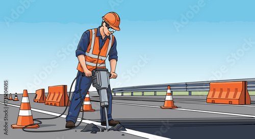 Construction worker in safety gear using a jackhammer to break up asphalt on a road construction site with safety cones and barriers