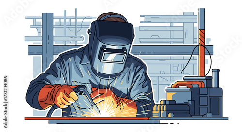 Illustration of a welder in protective gear working on a metal structure with sparks flying, representing industrial labor and craftsmanship