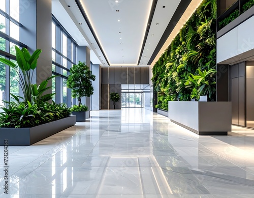 Modern lobby with polished floors, abundant greenery, and sleek design