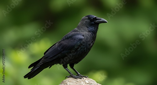 Black crow perched on a rock against a green background wildlife nature