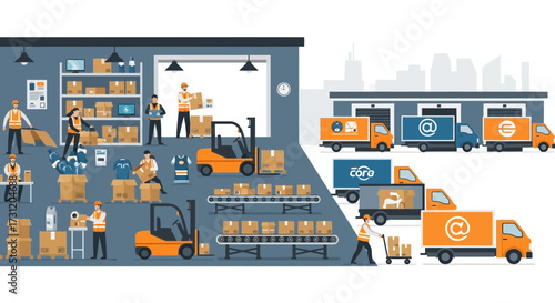 Modern warehouse logistics with workers, forklifts, conveyor belts and delivery trucks loading cargo for shipping, distribution center, supply chain and freight transportation illustration