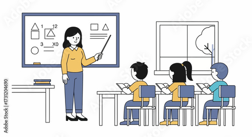 Teacher explaining math lesson to students in classroom with blackboard, geometry shapes and books – education, learning, school teaching and academic study illustration