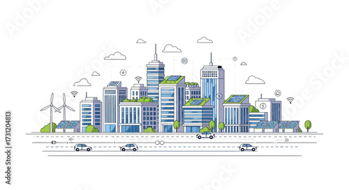 Modern sustainable city skyline with green rooftops, renewable energy wind turbines, eco architecture, electric cars and smart urban infrastructure – future eco friendly smart city illustration