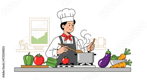 Chef cooking fresh vegetables on kitchen stove, preparing healthy meal with pot and wooden spoon, culinary illustration of home cooking, vegetarian food preparation and gourmet cuisine concept