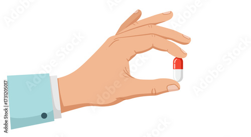 A hand holding a red and white pill between thumb and index finger against a clean white background.