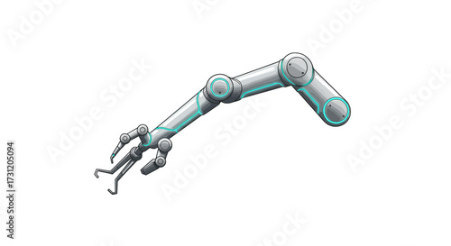 High-angle view of a robotic arm with glowing blue accents on a white background.