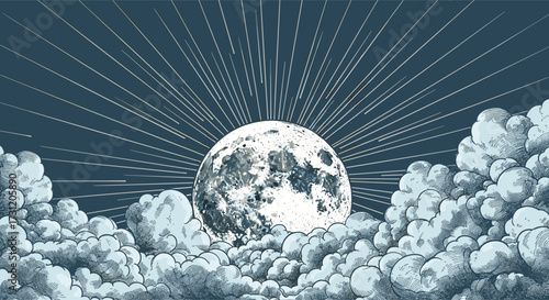 A radiant full moon shines brightly from behind a layer of fluffy clouds casting an ethereal glow on the night sky.