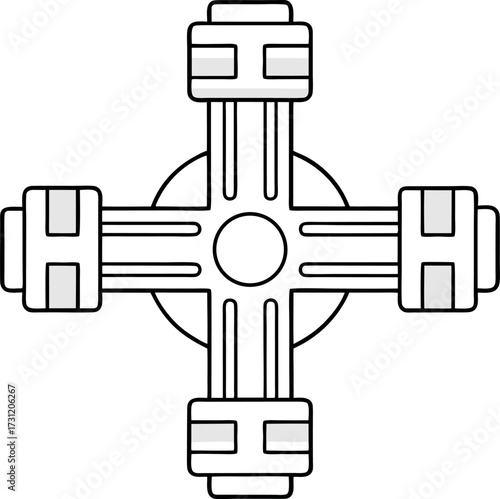 Vector outline of a cross fitting for pipe connections.