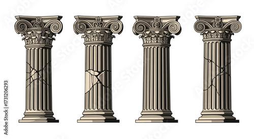 An artistic representation of four intricately detailed ancient Greek Corinthian columns.