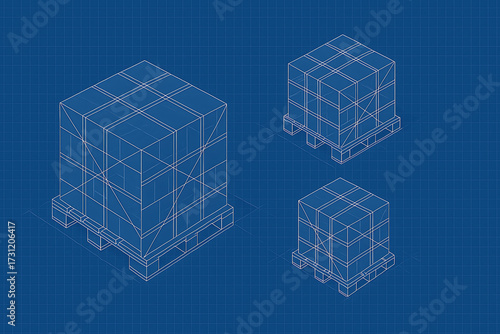 Isometric illustration of three stacked cargo boxes on wooden pallets, presented in a blueprint style on a dark blue background