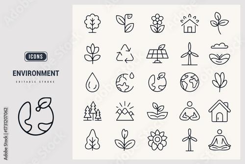 Collection of Environmental Icons for Sustainable Living and Eco-Friendly Concepts White Background.
