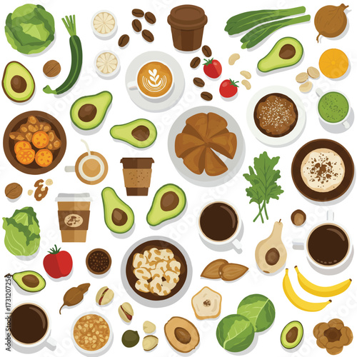 A vibrant overhead flat lay of various healthy breakfast and snack items including coffee, avocados, vegetables, fruits, and nuts.
