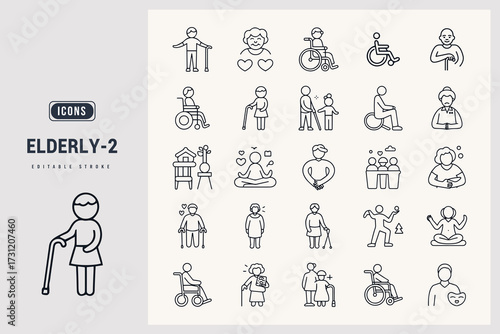 Collection of Elderly Care and Support Icons Representing Assistance and Well-being White Background.