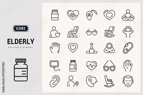Collection of Senior Citizen Health and Care Icons for Digital Applications White Background.