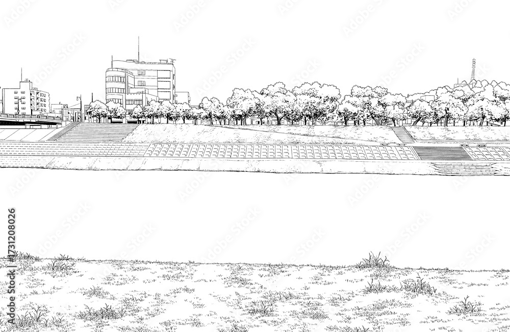 Fototapeta premium 漫画風ペン画イラスト 河川敷