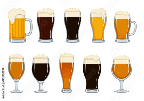 Ten cartoon beer glassesmugs filled with beer and topped with foam are arranged in two rows
