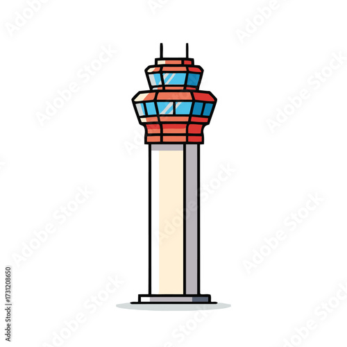 Stylized cartoon drawing an air traffic control tower, featuring cylindrical base and multifaceted observation cab at the top