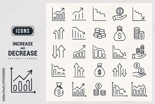 Collection of Icons Illustrating Financial Growth Decline and Monetary Symbols Isolated On White Background.