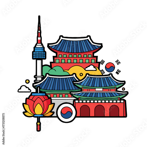 Colorful traditional korean landmarks including gyeongbokgung palace, namsan tower, and lotus lantern, representing seouls rich cultural heritage and vibrant cityscape
