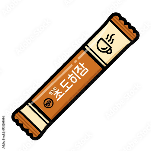 Single serving packet instant coffee with korean text, featuring steaming cup icon and brown and cream design, isolated on transparent