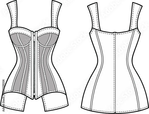 Corset top with zipper front and panel detail fashion garment technical cad drawing flat vector illustration sewing pattern template