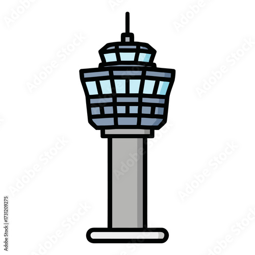 An air traffic control tower with distinctive glassenclosed cabin on top, standing tall on grey cylindrical base