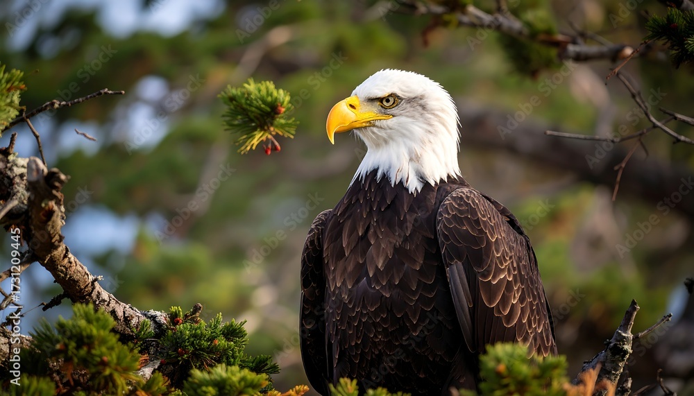 Obraz premium Majestic bald eagle perched on a branch amidst lush green foliage, head turned in profile