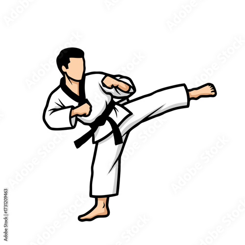 Martial arts practitioner performing dynamic side kick in gi with black belt