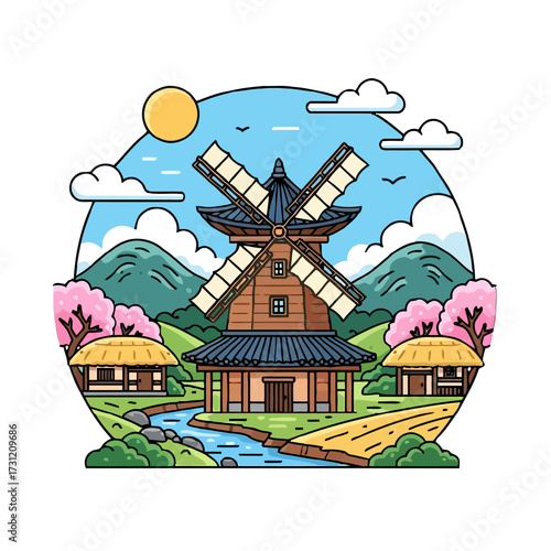 Traditional korean windmill and thatched roof houses in scenic landscape with mountains, cherry blossoms, river, and bright sun in circular frame