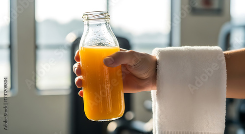 Hand holding glass bottle of orange juice with white towel in gym blurred background