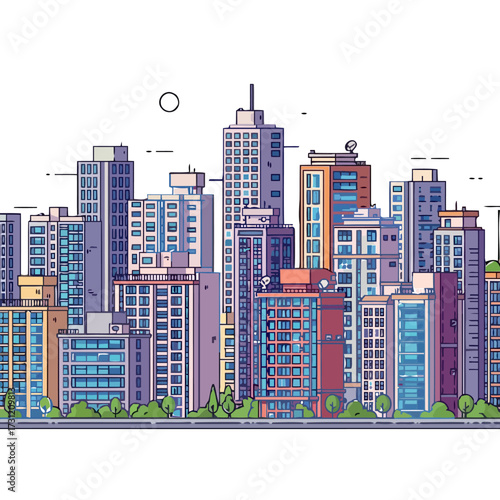 Cityscape featuring dense collection modern highrise buildings with various architectural styles and colors, set against transparent
