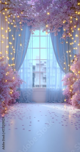 Dreamy window scene with light pink blossoms, fairy lights, and sheer blue curtains, scattered petals on pale floor