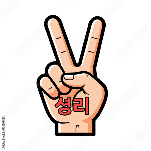 Hand making peace sign with the korean word for victory written on the palm, symbolizing success and triumph in positive gesture