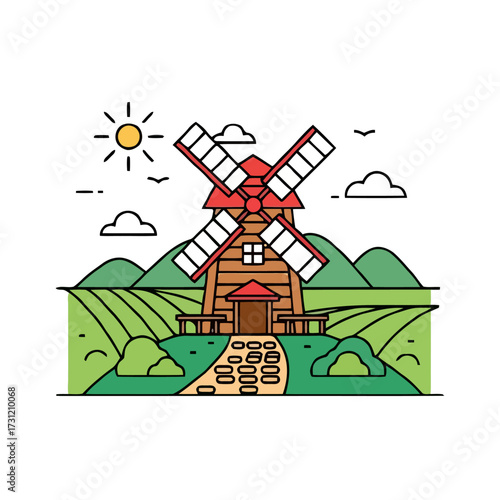 Charming cartoon windmill in rural landscape with rolling green hills, bright sun, fluffy clouds, and winding path leading to the entrance, idyllic countryside scene
