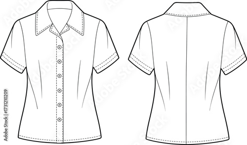 Short sleeve button up shirt with pointed collar fashion cad drawing flat vector illustration sewing pattern template for garment design