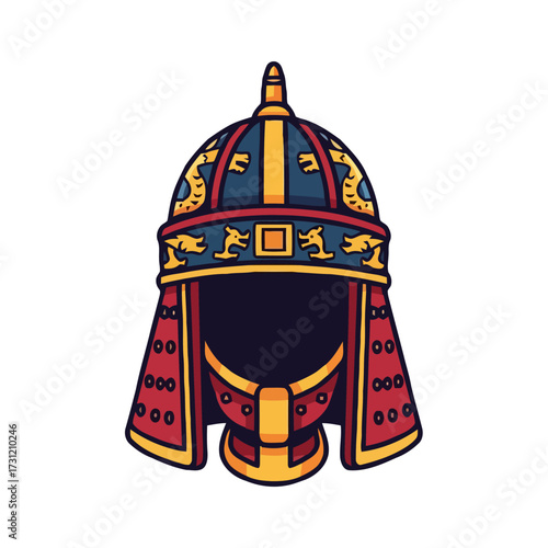 Detailed an ancient warrior helmet with intricate dragon motifs and ornate decorations, representing historical armor and military regalia