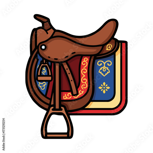 Detailed western saddle with ornate saddle blanket and stirrup, isolated on transparent, perfect for equestrian themes and western adventure content