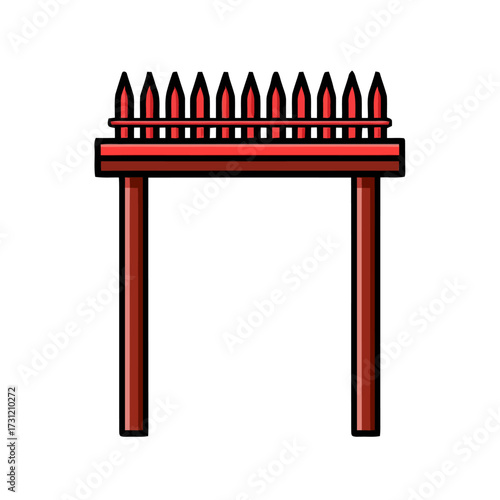 Simple, stylized red wooden gate or archway with pointed finials, isolated on transparent, suitable for architectural, entrance, or boundary concepts