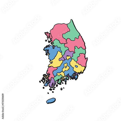 Colorful, stylized map south korea divided into its administrative regions, presented with clean, flat design and transparent, highlighting the countrys geographical shape and internal divisions