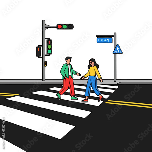 Man and woman crossing pedestrian street at crosswalk, with traffic lights and pedestrian crossing signs indicating safe passage, illustrating urban mobility and pedestrian safety