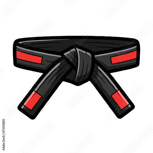 Black martial arts belt with red stripes tied in knot