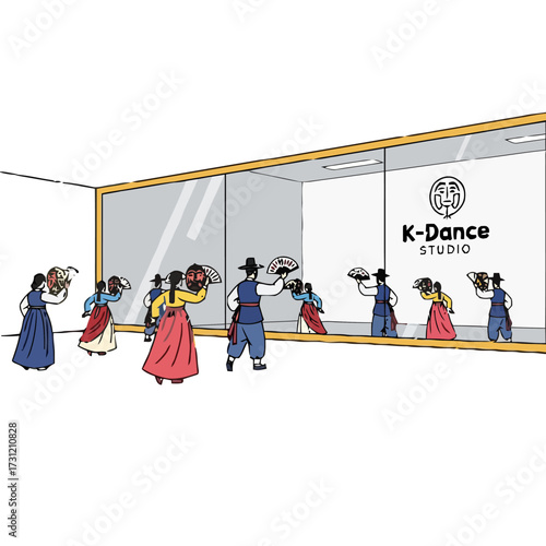 Group people in traditional korean hanbok clothing performing fan dance inside kdance studio with large glass windows reflecting the performance