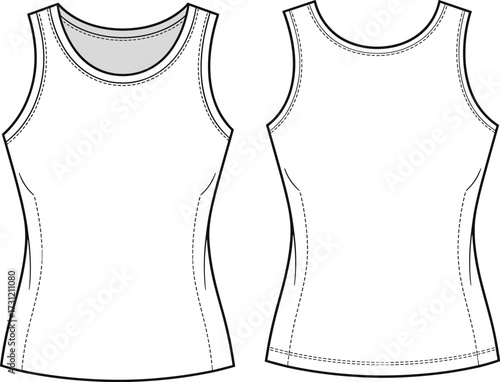 Women sleeveless athletic tank top fashion cad drawing flat vector illustration with front and back technical clothing design sewing pattern template