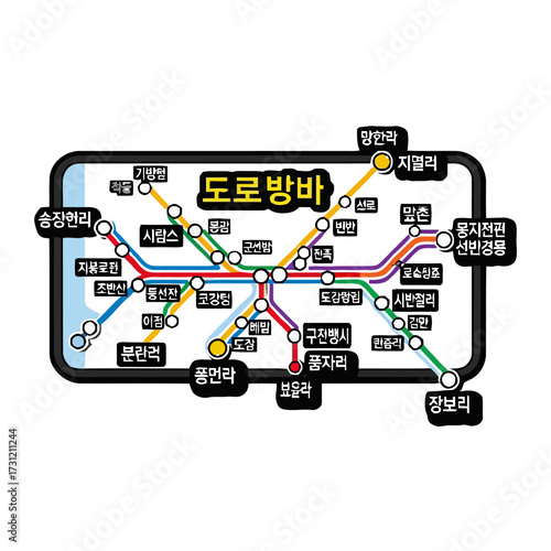 Stylized subway or metro map with various colored lines and station names, presented as graphic on transparent