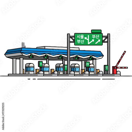 Flat design toll booth plaza on highway with multiple lanes and barrier gate