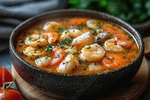 Bowl of shrimp soup with tomatoes and parise.