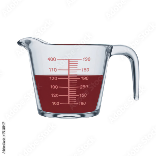 Clear glass measuring cup with red liquid and pink markings isolated on a transparent background image