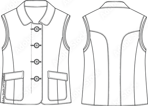 Women sleeveless collared button front vest cad drawing flat vector illustration with fashion design template technical sewing pattern front and back