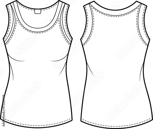 Women sleeveless tank top fashion cad drawing flat vector illustration with front and back technical clothing design sewing pattern template