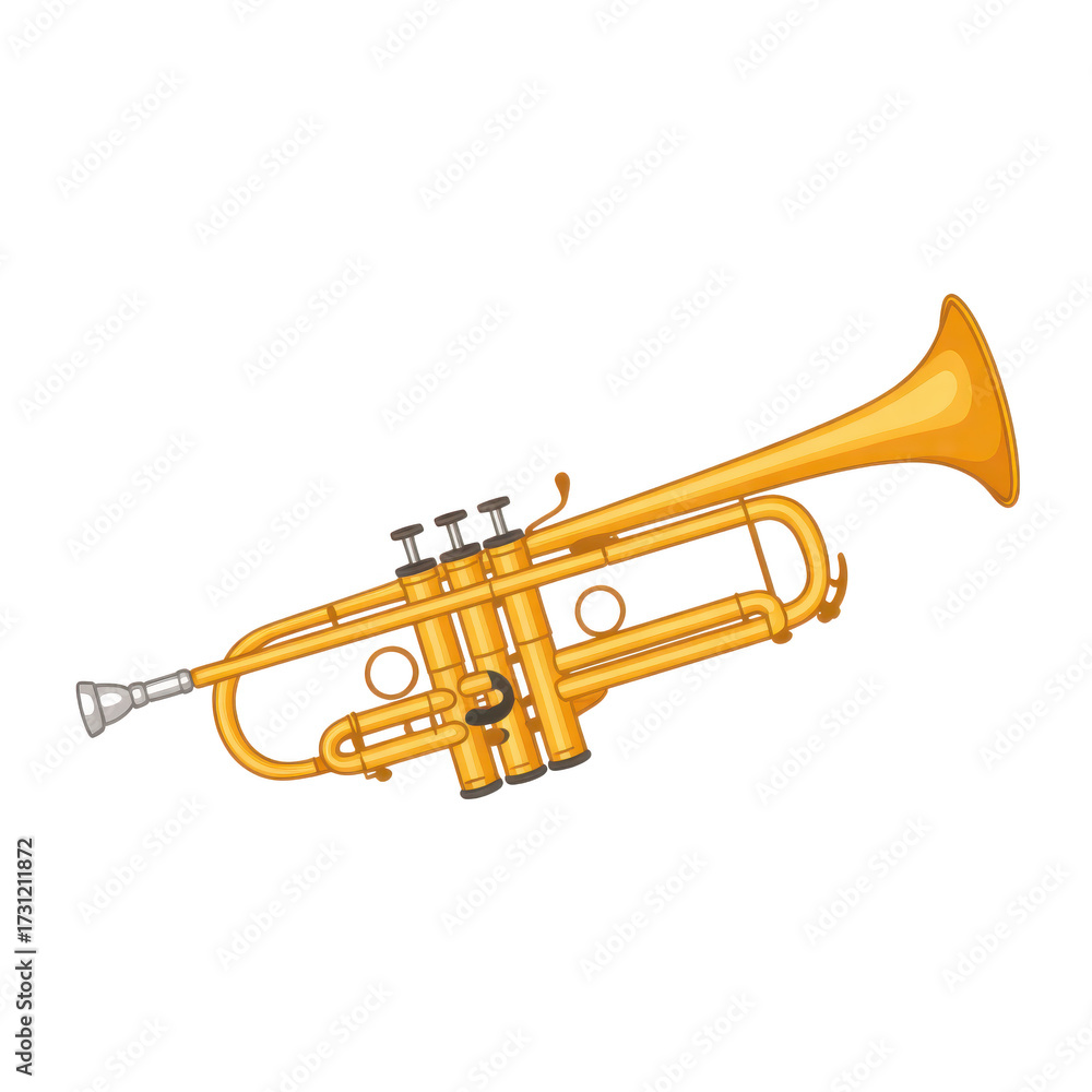 Fototapeta premium Golden brass trumpet with three valves and bell isolated on a transparent background musical instrument
